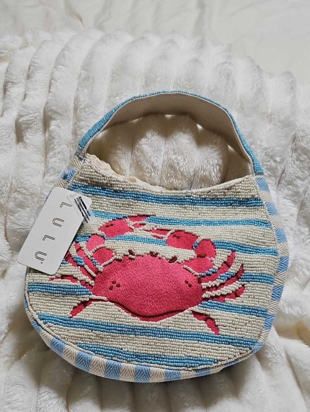The Viral Crab Beaded Mini Bag in Blue, Pink & Cream
